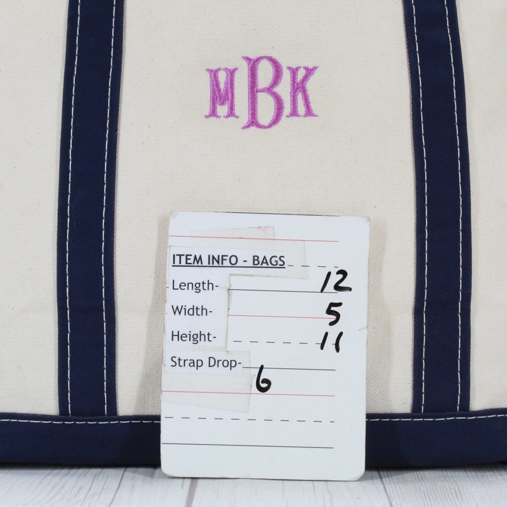 LL Bean Boat & Tote Blue Trim Embroidered MBK Open Top Tote Handbag - Picture 9 of 9